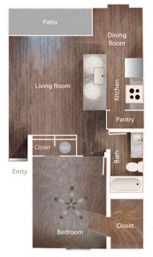 A floor plan of a house with a patio, living room, dining room, kitchen, pantry, bath, closet, and bedroom.